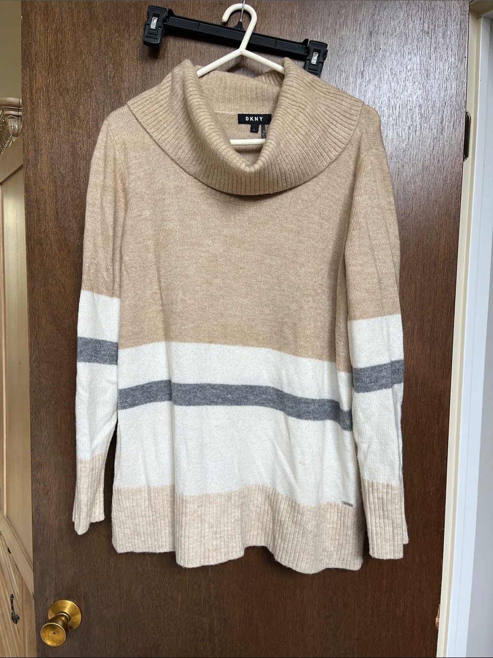 DKNY Tan, Cream & Gray Striped Cowl Neck Sweater